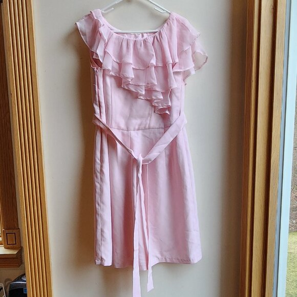 Pink Ruffled Sleeveless Belted Dress Size 14 - Picture 10 of 15